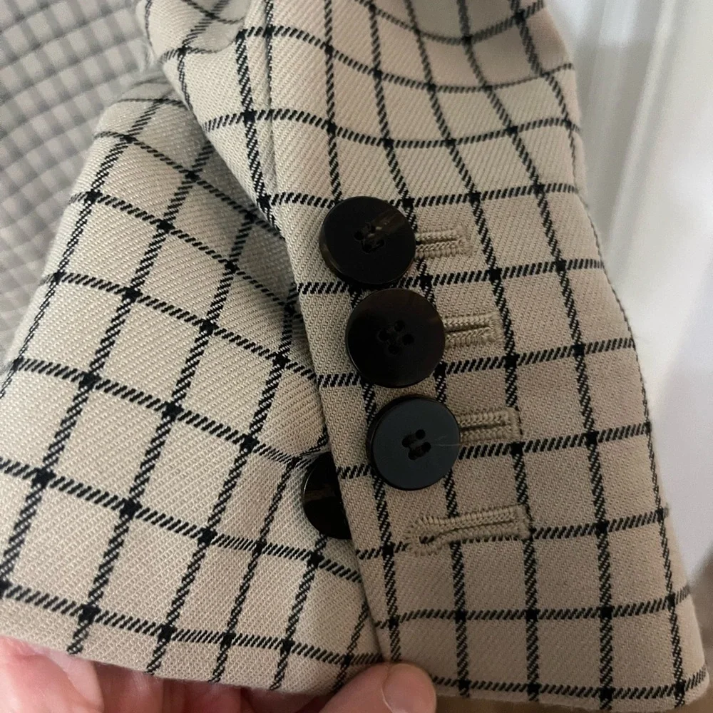 THEORY double breasted blazer tan plaid check size 8‎